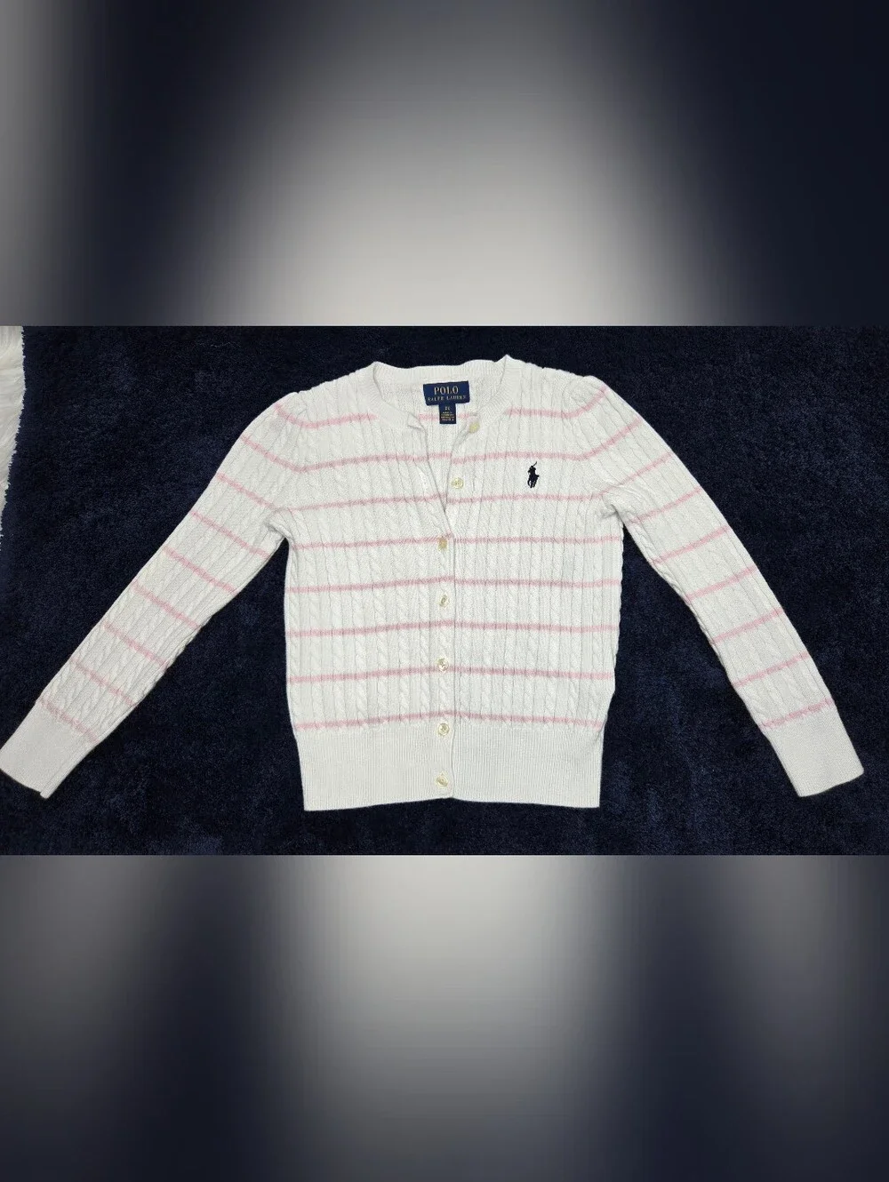 Ralph Lauren White Cable-Knit Cardigan with Light Pink Stripes